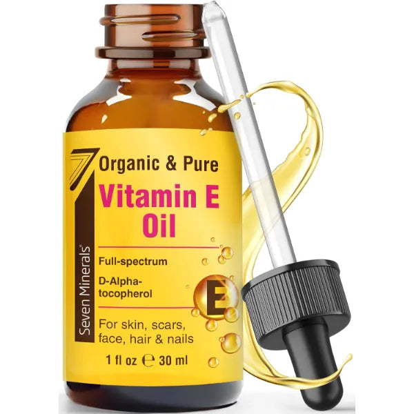 Seven Minerals Ultra Pure Vitamin E Oil - Full-Spectrum D-Alpha Tocopherol - 100% Organic Vitamin E Oil for Skin, Face, Hair, and Scars - Naturally Occurring,Not Synthetic