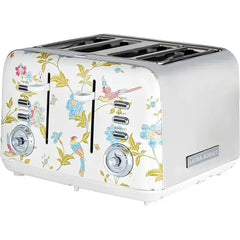 Elveden White Stainless Steel 4 Slice Toaster | Multi-Functional Bagels & Bread Toaster 4 Slice with Adjustable Heating & Defrost Mode | Featuring 4 Wide Slots, Croissant Warming Rack