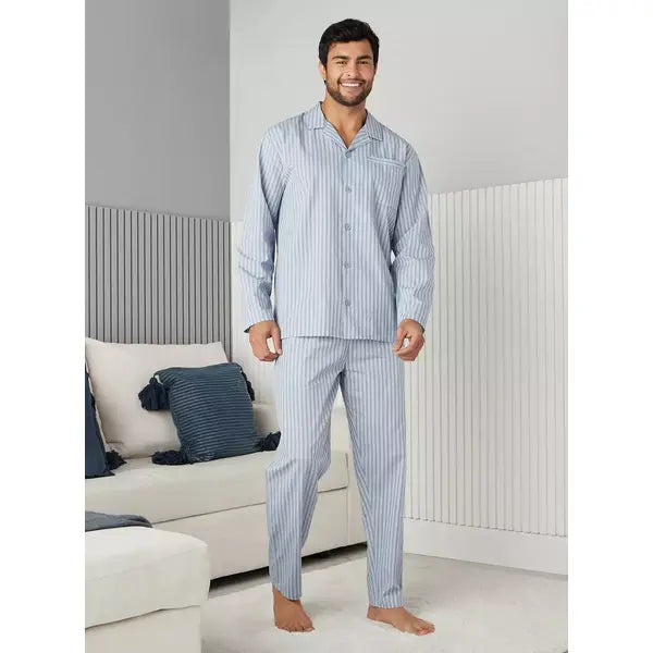 Striped Better Cotton Shirt and Pyjama Set - Blue