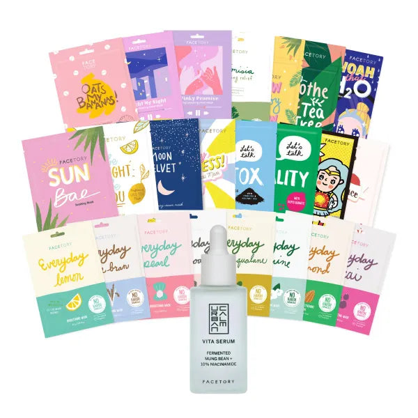 FACETORY 23 Sheet Mask Collection and Urban Calm Vita Serum Bundle Brightening and Hydrating Skincare Set 23 Sheet Masks and 1 Niacinamide Serum for All Skin Types