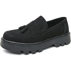 Men's Suede Leather Slip On Tassel Platform Loafers Vintage Round Toe Non-Slip Luxury Formal Shoes Casual Business Penny Dress Loafers