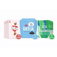 FACETORY K Beauty Face Mask Set Detox, Radiance & Collagen Sheet Masks Let’s Talk Detox, Sea the Radiance & Ace That Face Charcoal, Seaweed, Peptides, Collagen & Mushroom Extract 5 Pack Each