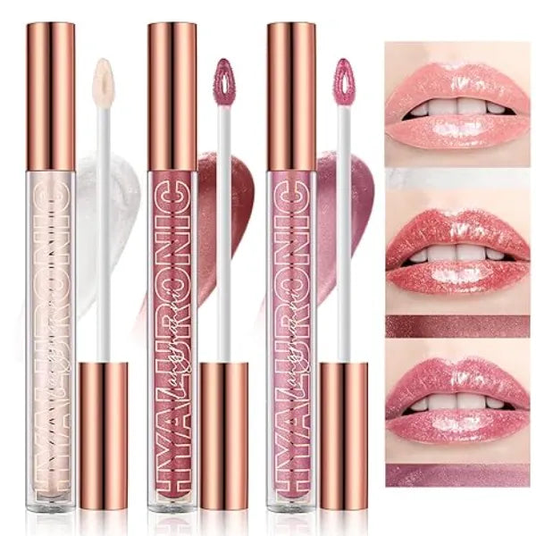 LANGMANNI Hyaluronic Acid Lip Gloss Set 3Pcs,Shimmer & Long Lasting Smooth Texture Gloss For Lips Plumping,Moisturizing And Brightening