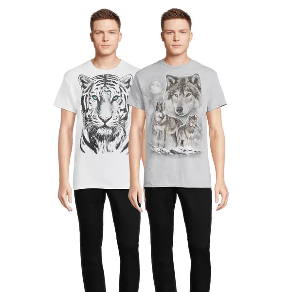 Humor Men's & Big Men's Wolfsketch and White Tiger Graphic T-shirts, 2-pack