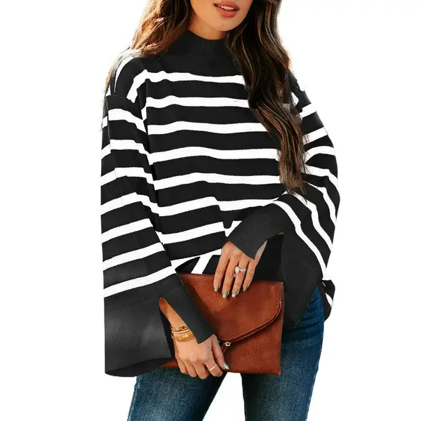 Dokotoo Women's Pullover Sweaters Casual Loose Slit Cuffs Fall Sweater Fashion Bell Long Sleeve Mock Neck Colorblock Striped Jumpers Tops