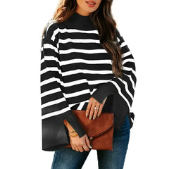Dokotoo Women's Pullover Sweaters Casual Loose Slit Cuffs Fall Sweater Fashion Bell Long Sleeve Mock Neck Colorblock Striped Jumpers Tops