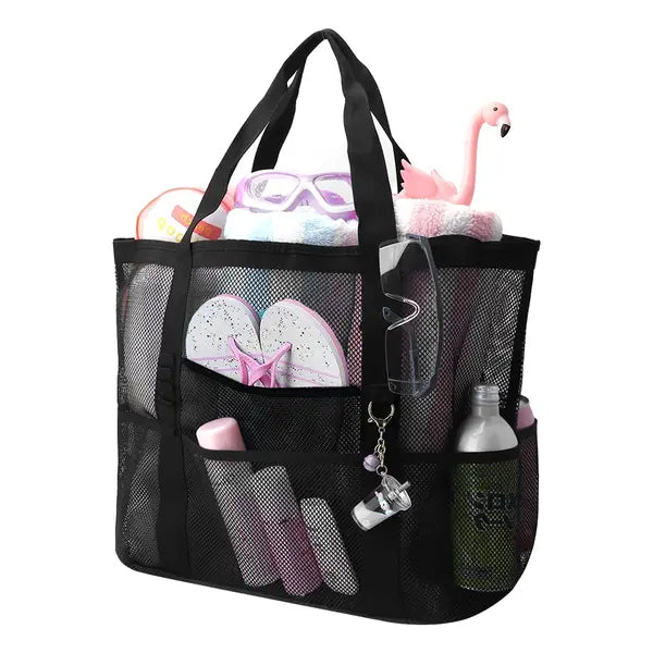 Mesh Beach Bag, TSV Large Mesh Beach Tote Bag With 9 Pockets, Swimming Travel Tote Bag, Foldable Beach Duffle Bag, Black