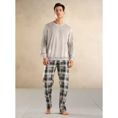 Plain Sweatshirt and Checked Pyjama Set - Gray