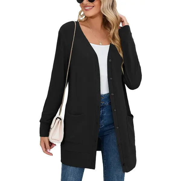 SHOWMALL Women's Long Sleeve Open Front Cardigan Button Down Apricot M Ribbed Lightweight Knit Outerwear with Pocket