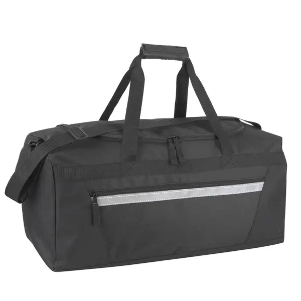 40 Liter 22 Inch Duffle Bag with Reflective Stripe, Front Accessory Pocket, Velcro Handles, Dual Zipper Closure and Luggage Strap for Traveling, Commuting, Sports and Gym Equipment in Black & Silver`