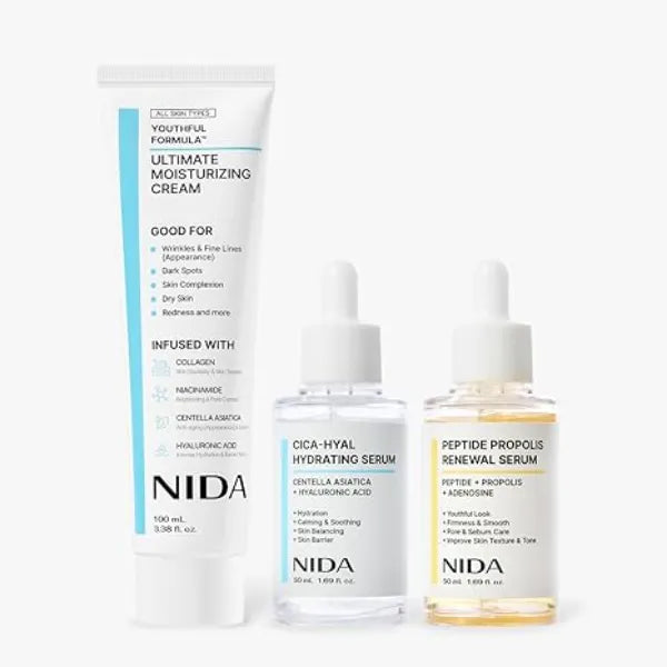 NIDA Youthful Glass Skin Bundle Moisturizing Cream, Hydrating & Renewal Serums Complete Set for Glass Skin Hydration, Wrinkles, Fine Lines, Dark Spots, Redness