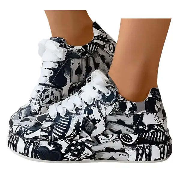 Oyedens Graffiti Platform Fashion Sneakers for Women Girls Fashion Casual Flats Canvas Shoes