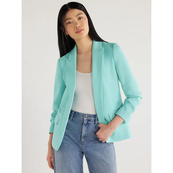 Scoop Women's and Women's Plus Relaxed Scuba Knit Stretch Blazer with Scrunch Sleeves