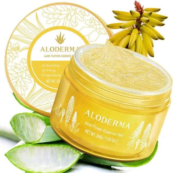 Aloderma Age-Defying Aloe Flower Essence Gel with 24K Gold Leaf, Made within 12 Hours of Harvest - Luxurious Aloe Gel with Allantoin & Hyaluronic Acid for a Shimmering, Youthful Complexion, 7oz
