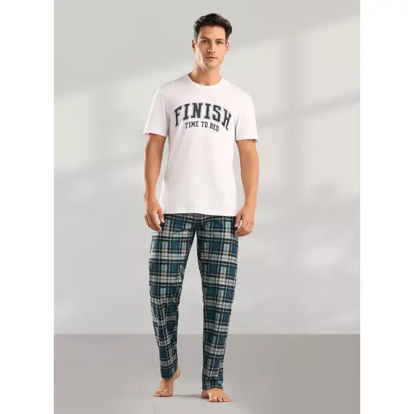 Typographic Print T-shirt and Checked Pyjama Set - Cream