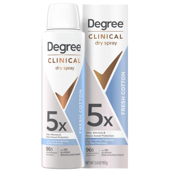 Degree dry spray for 96 Hour sweat and odor protection Fresh Cotton 5X protection 3.8oz