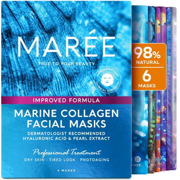 MAREE Collagen Facial Mask with Hyaluronic Acid — Sheet Face Mask Skincare — Centella Asiatica, Green & Red Algae Extract — Hydrating Facemask For Women Skin Care — Mascarillas Para La Cara — 6 Count