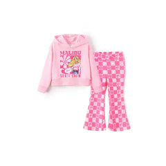 PATPAT Barbie Toddler/Kid 2pcs Cotton Character Floral Checkered Hoodies And Pants Set Pink