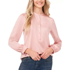 Macy's Women's Long Sleeve Crew Neck Button-Up Blouse-Misty pink