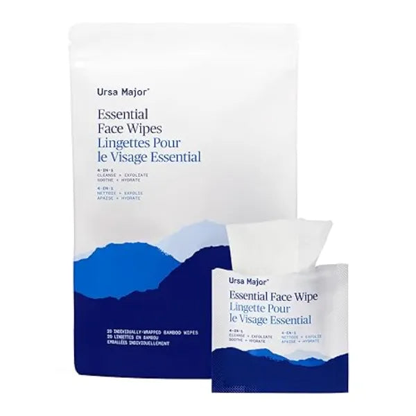 Ursa Major Essential Face Wipes Natural, Biodegradable, Cleanse, Exfoliate, Soothe and Hydrate Individually Wrapped