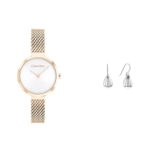 Calvin Klein Minimalistic T Bar 28Mm Mesh Women's Silver White Dial, Ionic Plated Carnation Gold Steel Watch + Calvin Klein Sculptured Drops, Women's Earrings