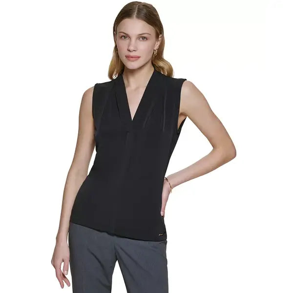 Macy's Gathered V-Neck Sleeveless Top-Black