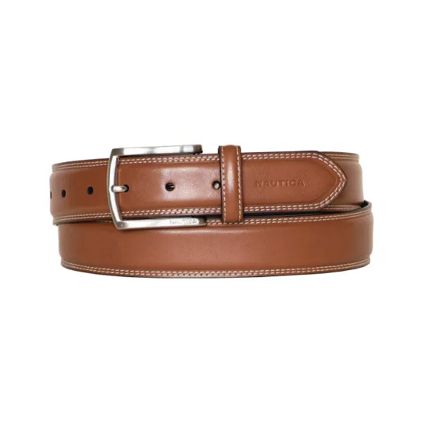 Nautica Men's Inlay Logo Signature Double Stitch Leather Belt