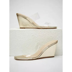 MAX FASHION Transparent Strap Slip-On Wedge Heeled Sandals-Gold
