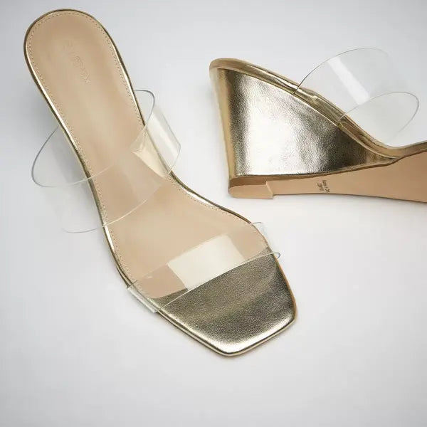 MAX FASHION Transparent Strap Slip-On Wedge Heeled Sandals-Gold