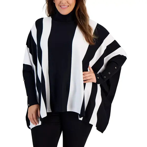 Plus Size Striped Turtleneck Poncho Sweater, Created for Macy's-Deep black combo