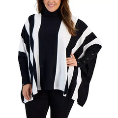Plus Size Striped Turtleneck Poncho Sweater, Created for Macy's-Deep black combo