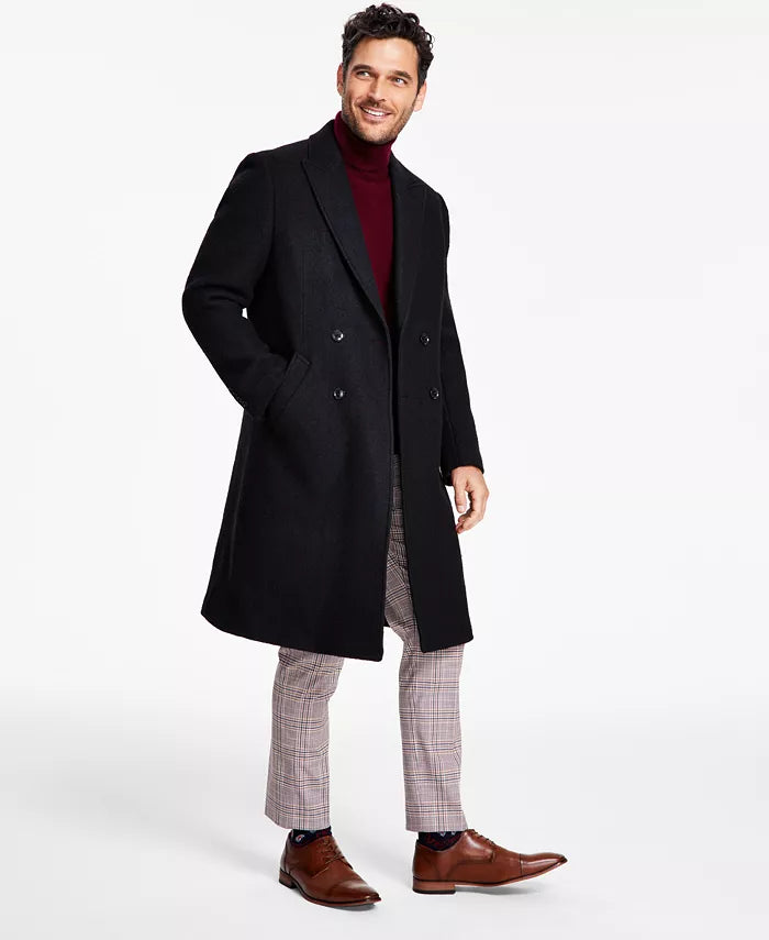 Men's Modern-Fit Solid Double-Breasted Overcoat