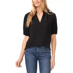 Macy's Women's Short Sleeve Ruffle Neck Raglan Split Neck Blouse-Rich black