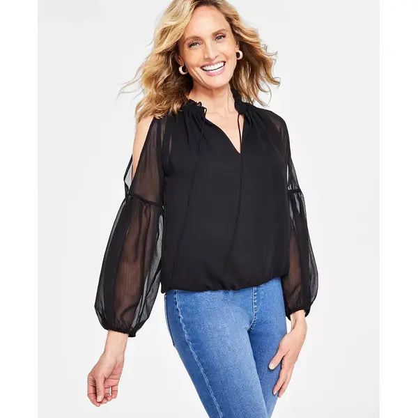 Women's Crinkle Chiffon Cold-Shoulder Blouse, Created for Macy's-Black