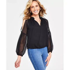 Women's Crinkle Chiffon Cold-Shoulder Blouse, Created for Macy's-Black
