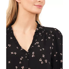 Macy's Women's Floral-Print Button-Front Blouse-Rich Black
