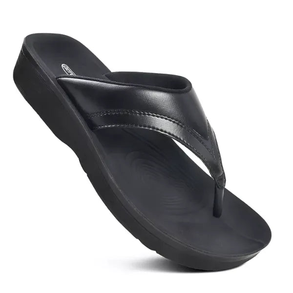 Aerothotic Ostrya Thong Sandals for Women, Comfortable Lightweight Arch Support Footwear, Black