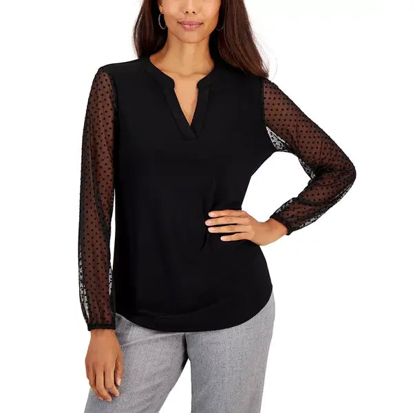 Macy's Women's Sheer-Sleeve Split-Neck Knit Top, Regular and Petite Sizes-Black