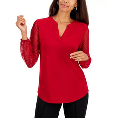 Macy's Women's Sheer-Sleeve Split-Neck Knit Top, Regular and Petite Sizes-Fire Red