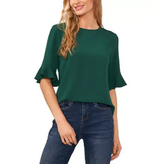 Macy's Women's Ruffled Cuff 3/4-Sleeve Crew Neck Blouse-Alpine green