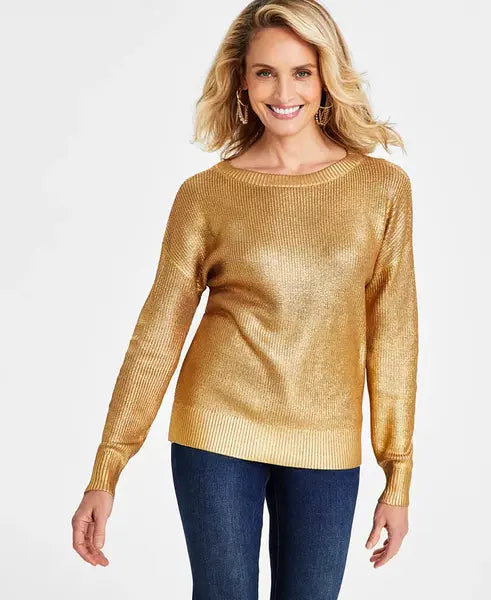 Women's Foiled Boat-Neck Sweater, Created for Macy's-Gold foil