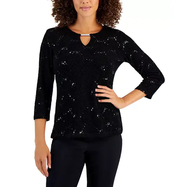Women's Textured Sequined Top, Created for Macy's-Deep black