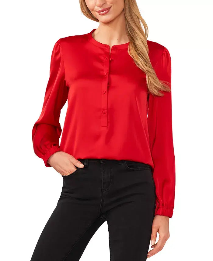 Macy's Women's Long Sleeve Crew Neck Button-Up Blouse-Stoplight red