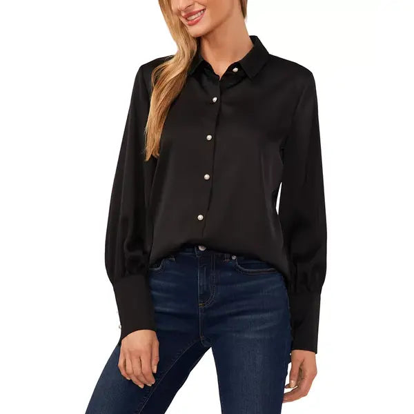 Macy's Women's Luxe Satin Imitation Pearl Button Down Blouse-Rich black