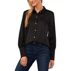Macy's Women's Luxe Satin Imitation Pearl Button Down Blouse-Rich black