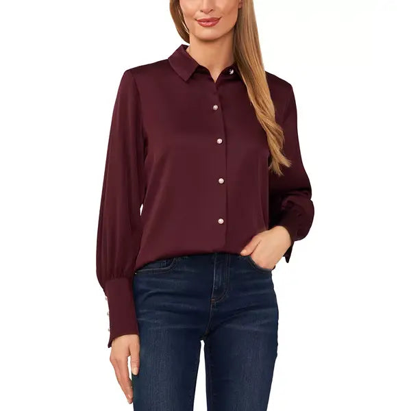 Macy's Women's Luxe Satin Imitation Pearl Button Down Blouse-Rich Cabernet