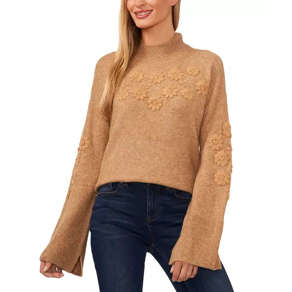 Macy's Women's Floral Embroidered Mock Neck Bell-Sleeve Sweater-Latte heather