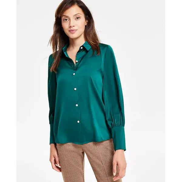 Macy's Women's Luxe Satin Imitation Pearl Button Down Blouse-Dark forest