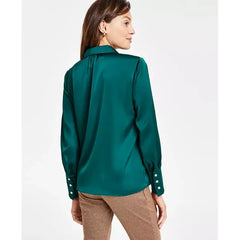 Macy's Women's Luxe Satin Imitation Pearl Button Down Blouse-Dark forest