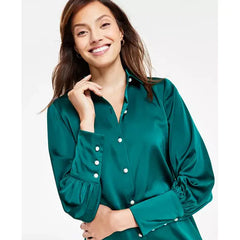 Macy's Women's Luxe Satin Imitation Pearl Button Down Blouse-Dark forest